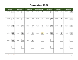 December 2052 Calendar with Day Numbers