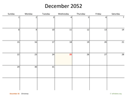 December 2052 Calendar with Bigger boxes