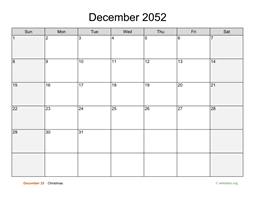 December 2052 Calendar with Weekend Shaded