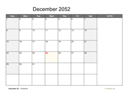 December 2052 Calendar with Notes