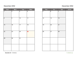 December 2052 Calendar on two pages