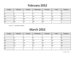 February and March 2052 Calendar