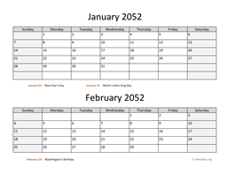 January and February 2052 Calendar