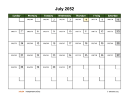July 2052 Calendar with Day Numbers