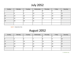 July and August 2052 Calendar
