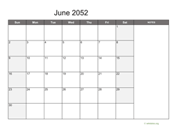 June 2052 Calendar with Notes