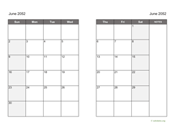 June 2052 Calendar on two pages