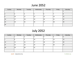 June and July 2052 Calendar