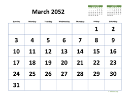 March 2052 Calendar with Extra-large Dates