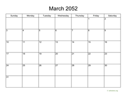Basic Calendar for March 2052