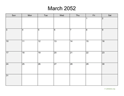 March 2052 Calendar with Weekend Shaded