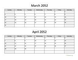 March and April 2052 Calendar