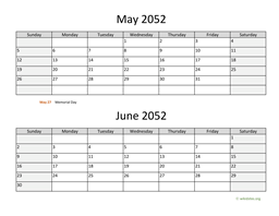 May and June 2052 Calendar