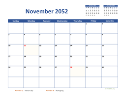 November 2052 Calendar Classic
