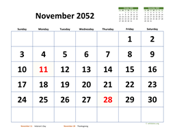 November 2052 Calendar with Extra-large Dates