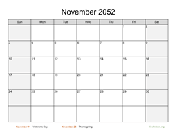 November 2052 Calendar with Weekend Shaded