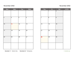 November 2052 Calendar on two pages