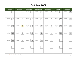 October 2052 Calendar with Day Numbers