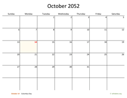 October 2052 Calendar with Bigger boxes