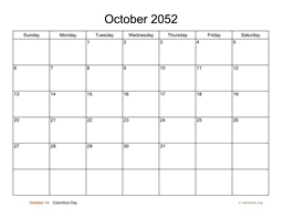 Basic Calendar for October 2052