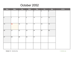 October 2052 Calendar with Notes