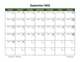 September 2052 Calendar with Day Numbers