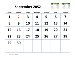 September 2052 Calendar with Extra-large Dates