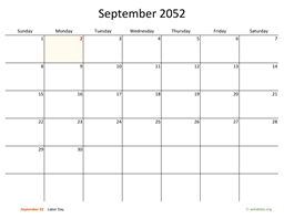September 2052 Calendar with Bigger boxes
