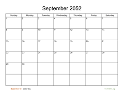 Basic Calendar for September 2052