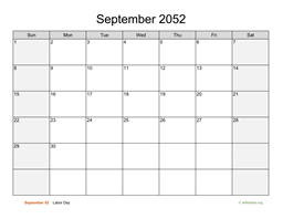 September 2052 Calendar with Weekend Shaded
