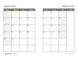September 2052 Calendar on two pages