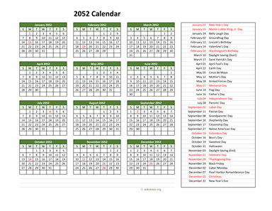 2052 Calendar with US Holidays