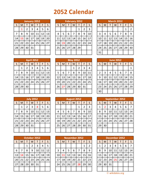Full Year 2052 Calendar on one page