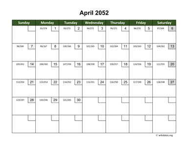 April 2052 Calendar with Day Numbers
