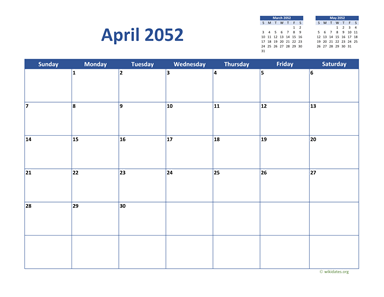April 2052 Calendar Classic