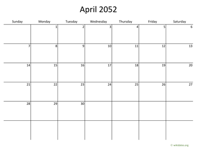 April 2052 Calendar with Bigger boxes