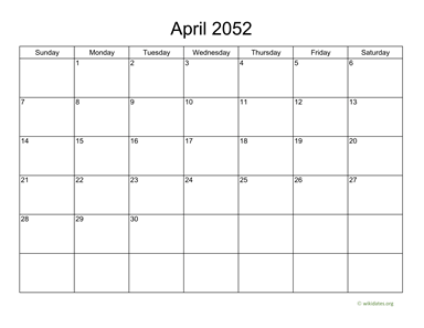 Basic Calendar for April 2052