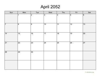 April 2052 Calendar with Weekend Shaded