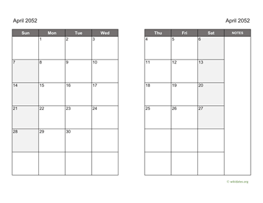 April 2052 Calendar on two pages