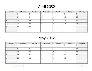 April and May 2052 Calendar Horizontal