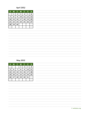 April and May 2052 Calendar with Notes