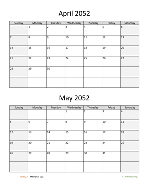 April and May 2052 Calendar Vertical