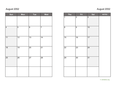 August 2052 Calendar on two pages
