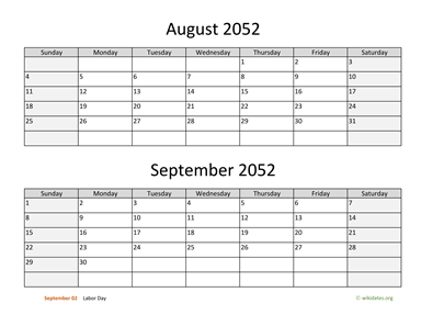 August and September 2052 Calendar Horizontal