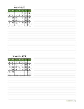 August and September 2052 Calendar with Notes