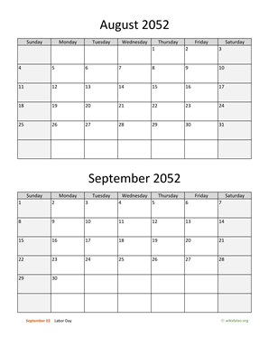 August and September 2052 Calendar Vertical