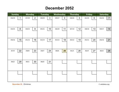 December 2052 Calendar with Day Numbers