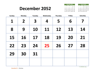 December 2052 Calendar with Extra-large Dates