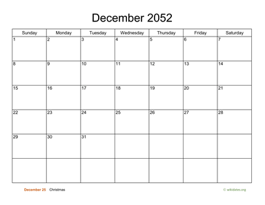 Basic Calendar for December 2052