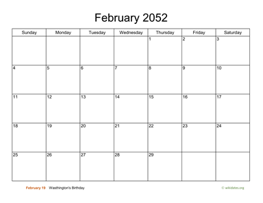 Basic Calendar for February 2052